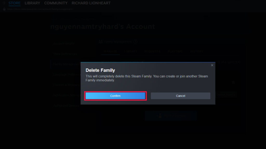 Có thể thu hồi Steam Family Sharing nhanh trong mục Family của Steam.